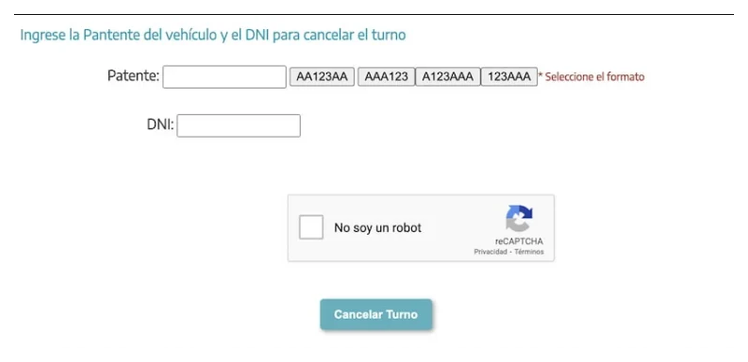 Pantalla para cancelar el turno de la VTV en San Justo con patente y DNI